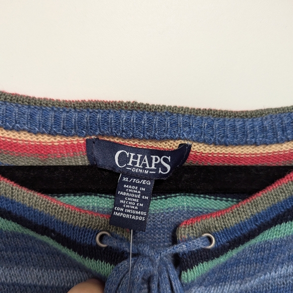 Chaps Sweater Classic Comfort Striped Women's Knit, V Neck 1/4 Lace, Multicolor - Picture 3 of 10